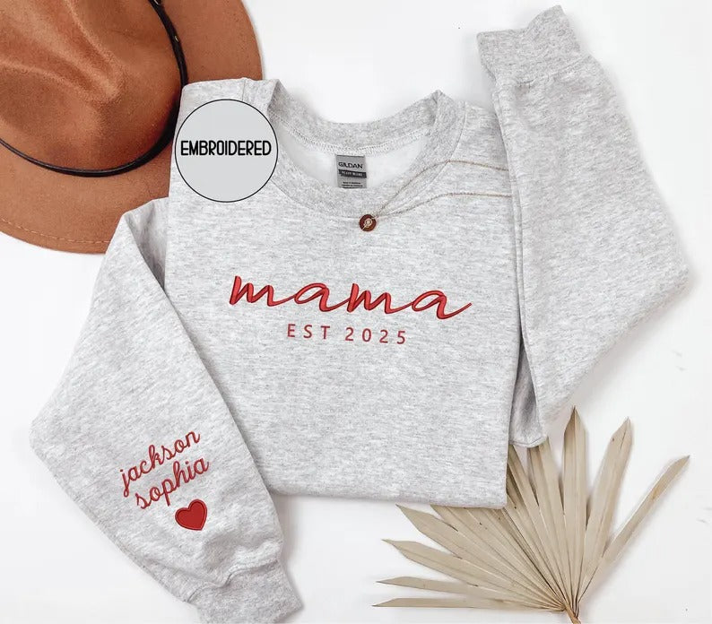 Custom mama Embroidered Sweatshirt with Kids Names on Sleeves Mother&