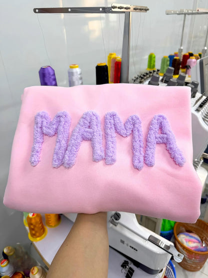 Custom Chenille Yarn Embroidered Mama Sweatshirt – Kids Names on Sleeve | Mother’s Day Gift for Mom