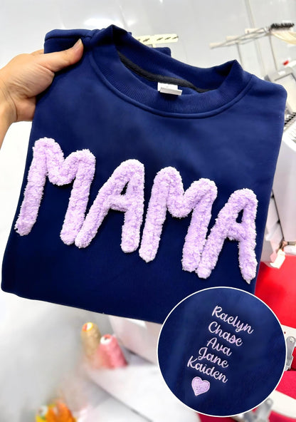 Custom Chenille Yarn Embroidered Mama Sweatshirt – Kids Names on Sleeve | Mother’s Day Gift for Mom