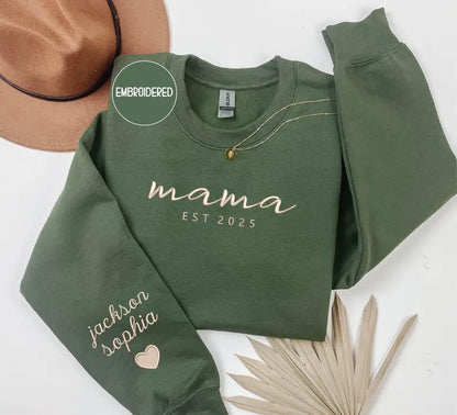 Custom mama Embroidered Sweatshirt with Kids Names on Sleeves Mother&