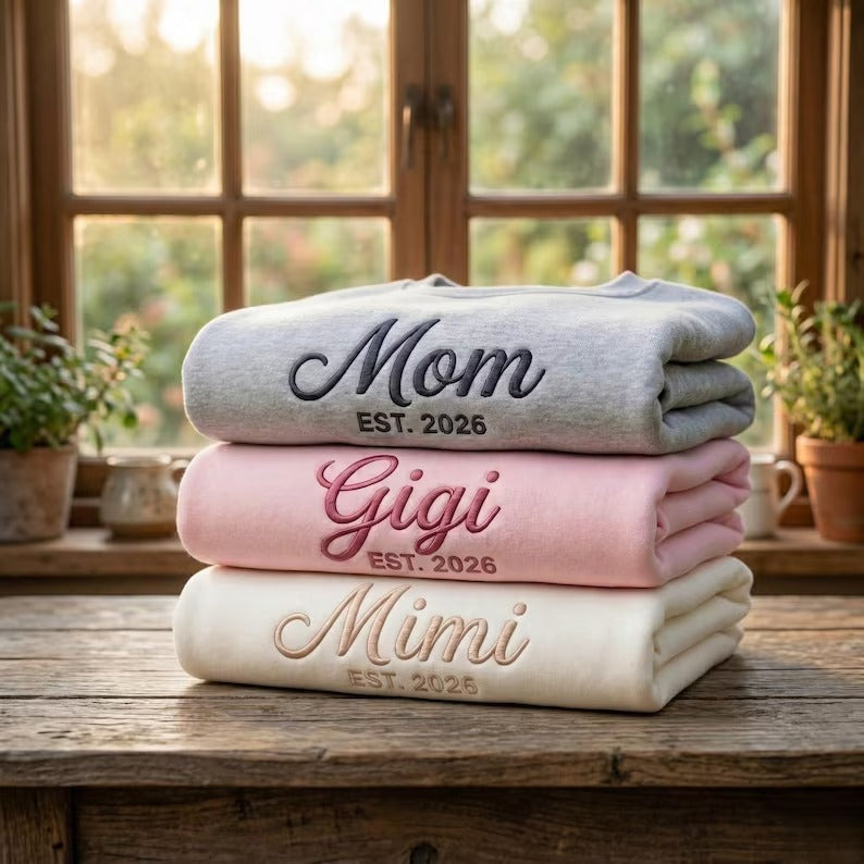 Custom Embroidered Grandma Mama Nana Mimi Sweatshirt &amp; Hoodie with Kids Names on Sleeves Mother&