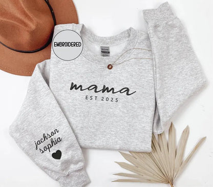 Custom mama Embroidered Sweatshirt with Kids Names on Sleeves Mother&