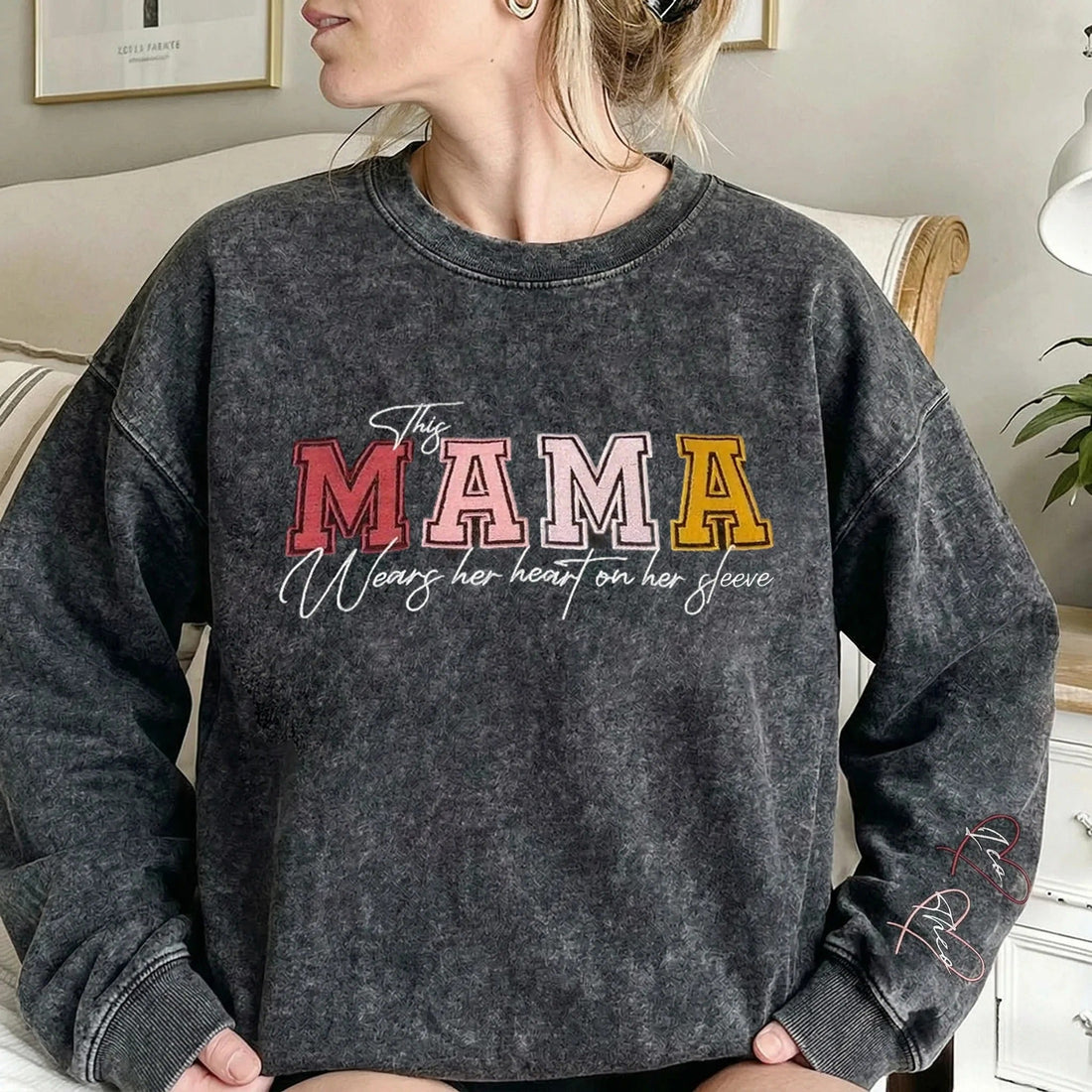Custom Embroidered Heart on Sleeve Personalized Mommy/Grandma Washed Sweatshirt | Mother&