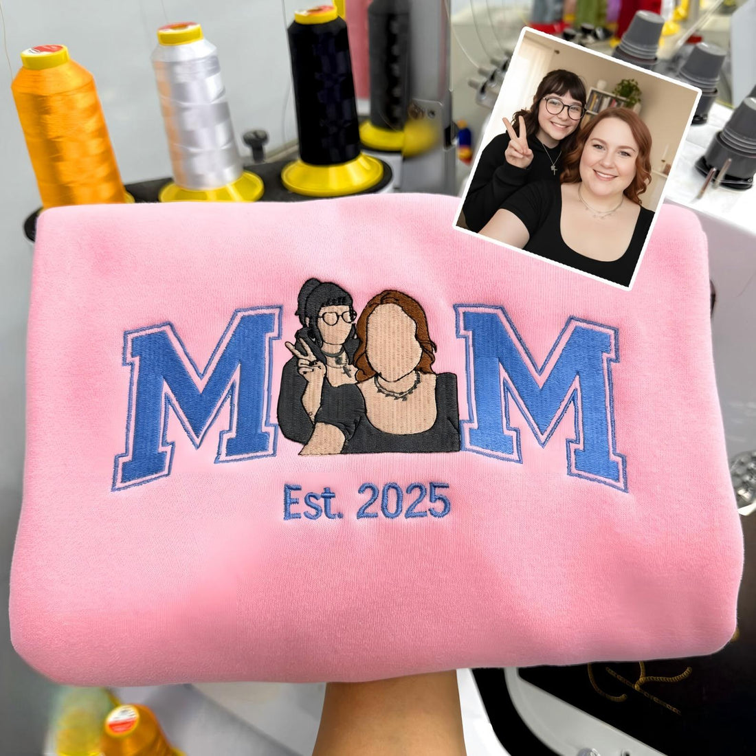 Custom Embroidered Mama Portrait Sweatshirt with Kid Name on Sleeve | Mother&