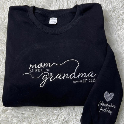 Custom Embroidered From Mom to Grandma Sweatshirt with Kids Names on Sleeves