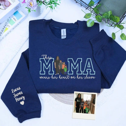 Custom This Mama Wears Her Heart On Her Sleeve Photo Embroidered Sweatshirt, Mother&