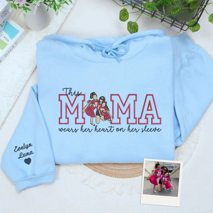Custom This Mama Wears Her Heart On Her Sleeve Photo Embroidered Sweatshirt, Mother&