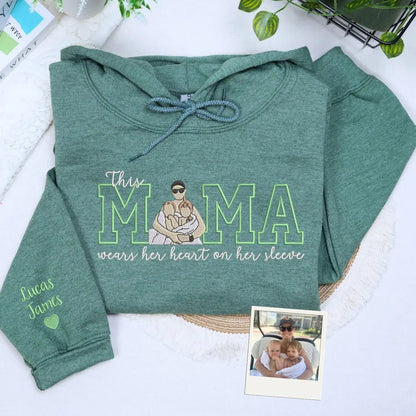 Custom This Mama Wears Her Heart On Her Sleeve Photo Embroidered Sweatshirt, Mother&