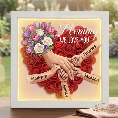 "Tulips &amp; White Roses"-Personalized Mom Holding Hands Flower Shadow Box-Mother&