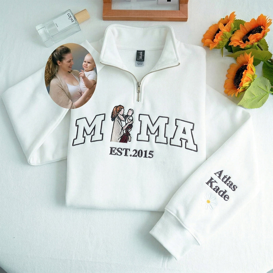 Custom Embroidered Quarter Zip Sweatshirt with Mama and Kids Portrait | Mother&