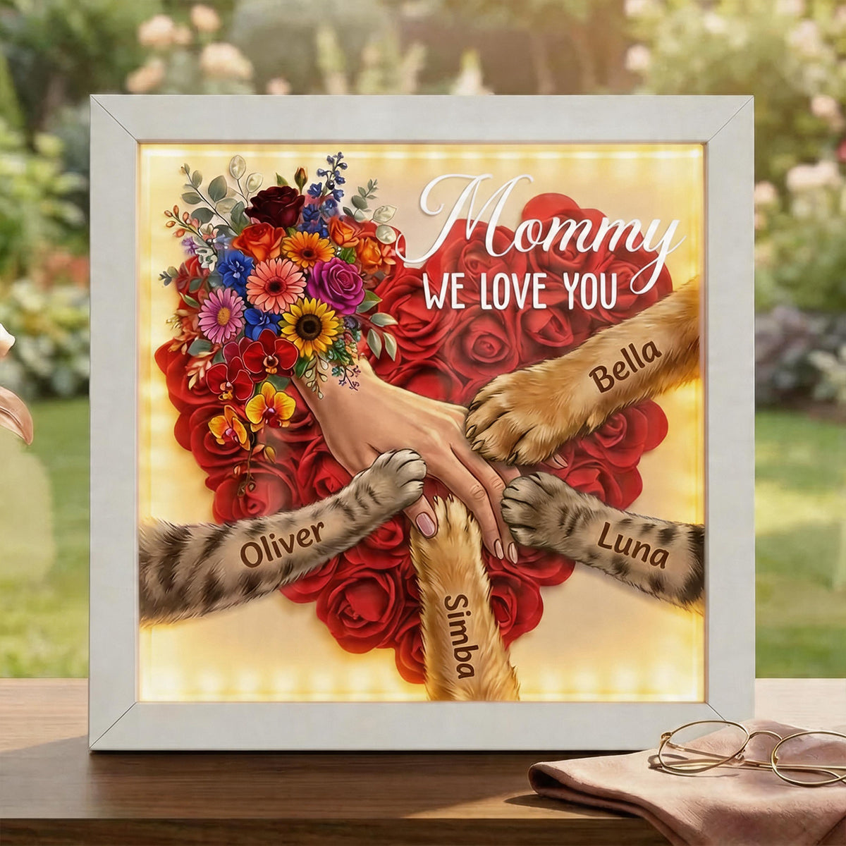 Personalized Pet Paw &amp; Human Hand Holding Shadow Box-Mother&