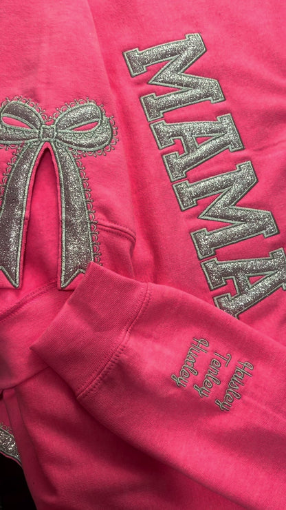 Custom Glitter Embroidered Lace Side Bow Mama Sweatshirt | Mother&