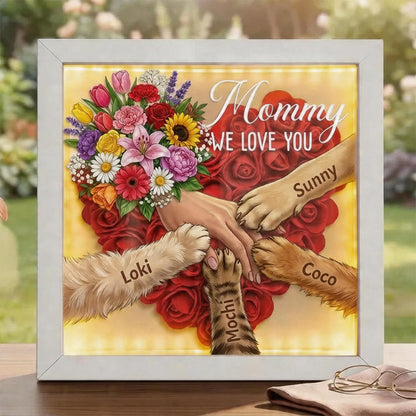 "Mixed Bouquet"-Personalized Pet Paw &amp; Human Hand Holding Shadow Box-Mother&