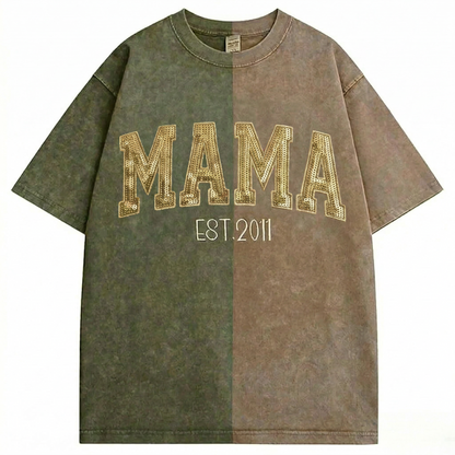 Custom Washed Patchwork MOM Sequin Embroidered T-shirt Mothers Day Gift for Mama