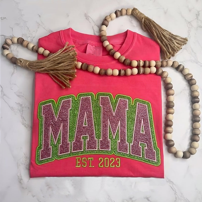 Custom Personalized Two Color Glitter Embroidered Mom T-Shirt | With Kids Names On Sleeve | Gift for Mom &amp; Grandma