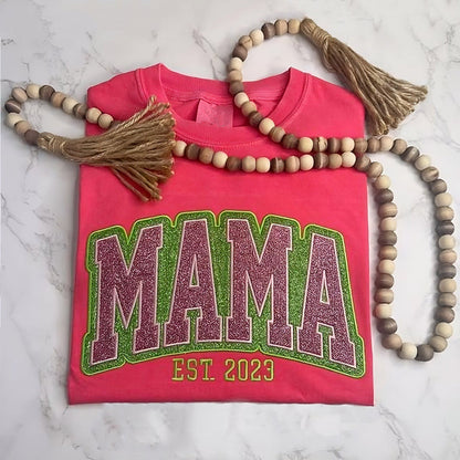 Custom Personalized Two Color Glitter Embroidered Mom T-Shirt | With Kids Names On Sleeve | Gift for Mom &amp; Grandma