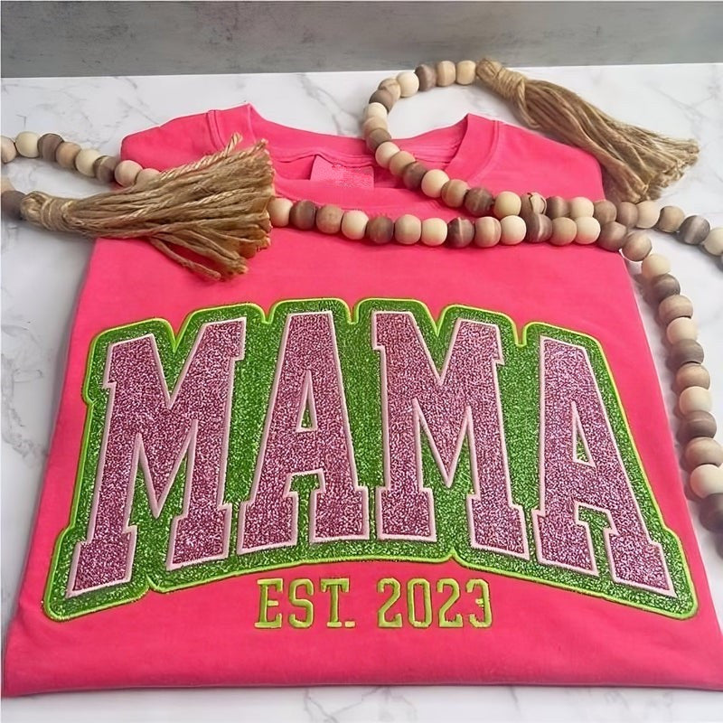 Custom Personalized Two Color Glitter Embroidered Mom T-Shirt | With Kids Names On Sleeve | Gift for Mom &amp; Grandma
