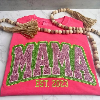 Custom Personalized Two Color Glitter Embroidered Mom T-Shirt | With Kids Names On Sleeve | Gift for Mom &amp; Grandma