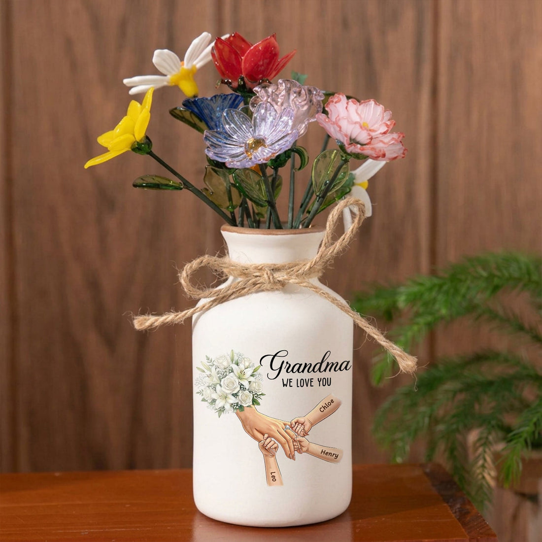 Personalized "White Lily &amp; White Roses" Vase-Personalized Grandma Holding Hands|Best Mother&