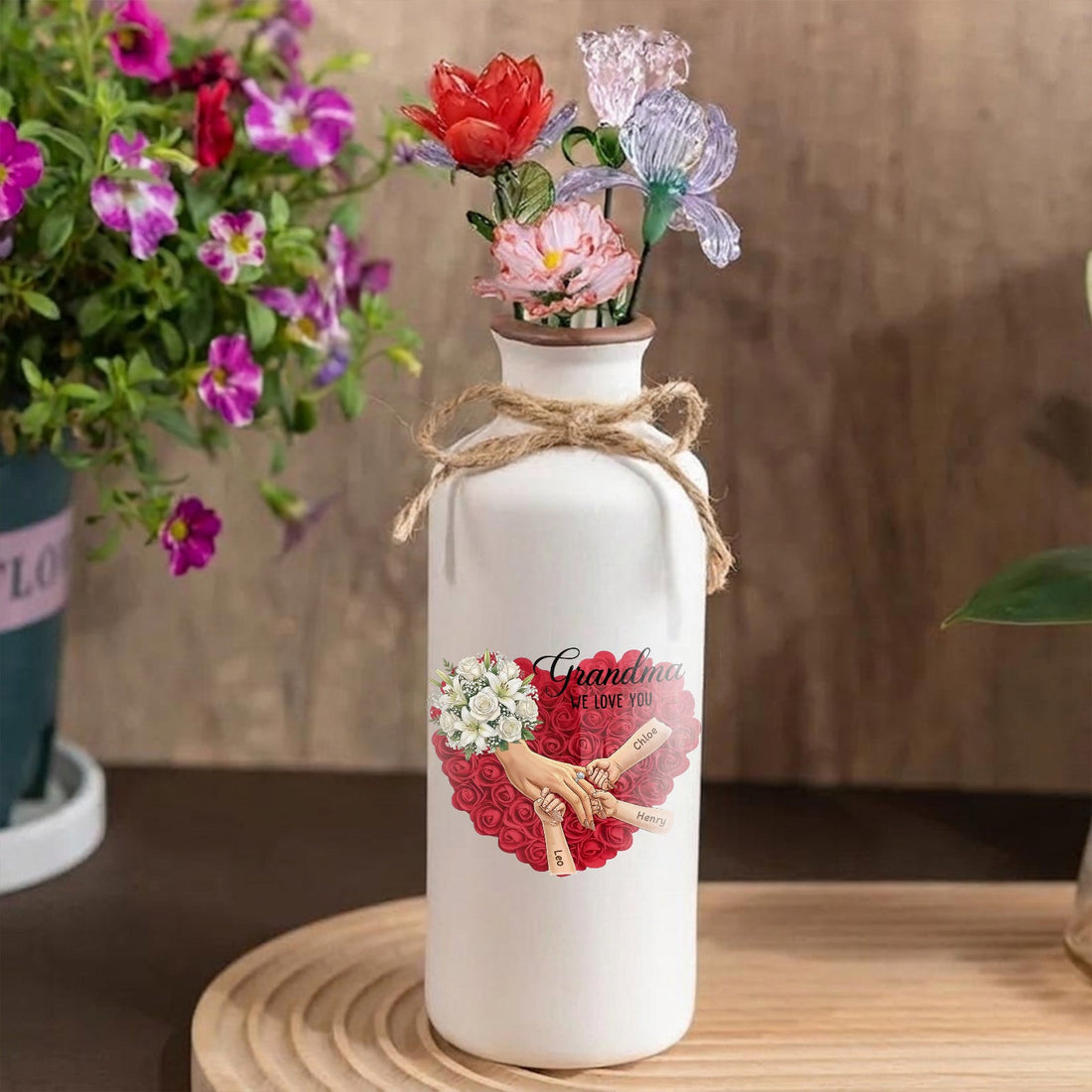 Personalized "White Lily &amp; White Roses" Vase-Personalized Grandma Holding Hands|Best Mother&