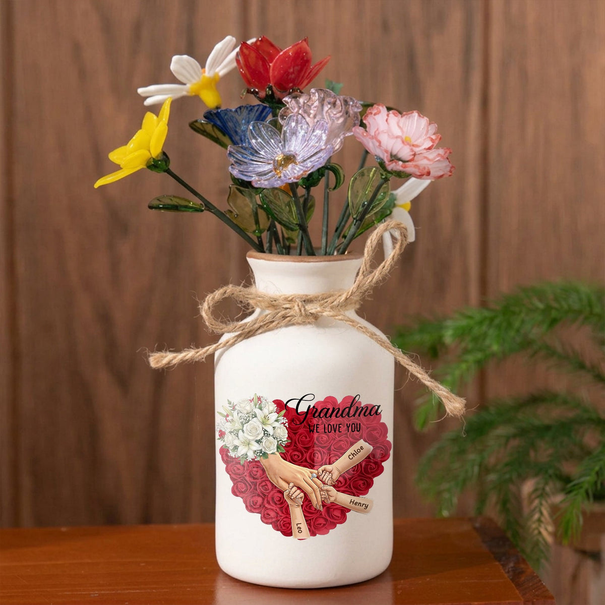 Personalized "White Lily &amp; White Roses" Vase-Personalized Grandma Holding Hands|Best Mother&