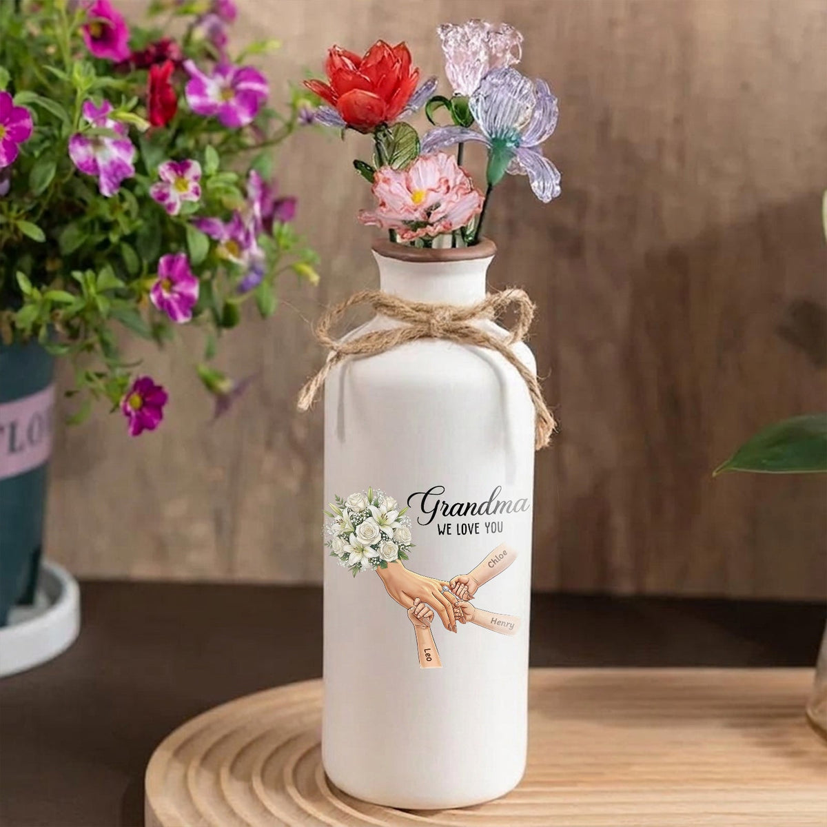 Personalized "White Lily &amp; White Roses" Vase-Personalized Grandma Holding Hands|Best Mother&